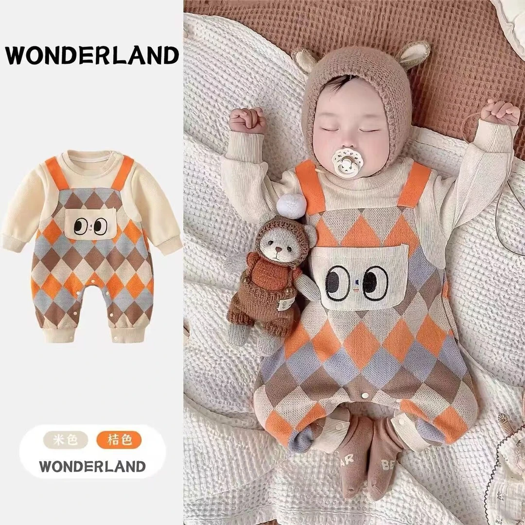 婴儿宝宝春季连体衣假两件长袖外出服新生儿超萌可爱时尚连体哈衣