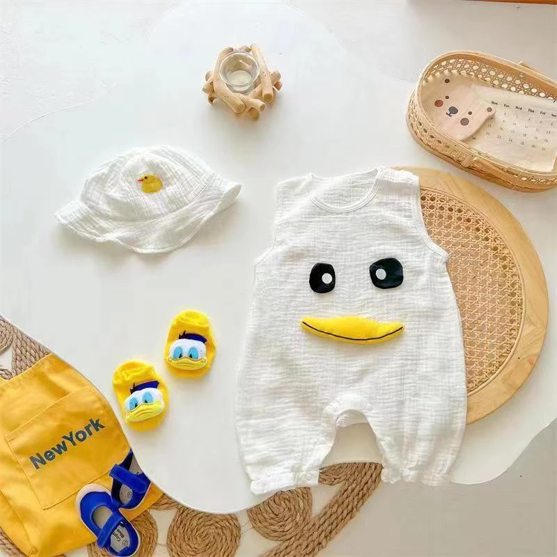 夏季新生婴幼儿可爱超萌宽肩连体衣男女宝宝外出薄款无袖哈衣爬服