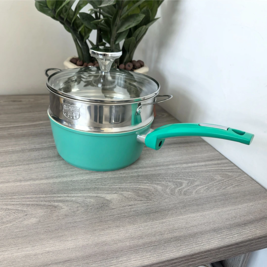 绿色18cm珐琅陶瓷奶锅带盖带蒸屉家用少油烟炖煮辅食锅不挑灶具