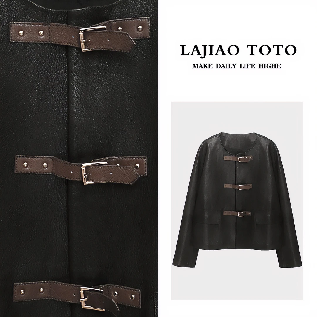 LAJIAO TOTO【环环相扣】春秋季短款百搭女装轻奢真皮短外套#23913