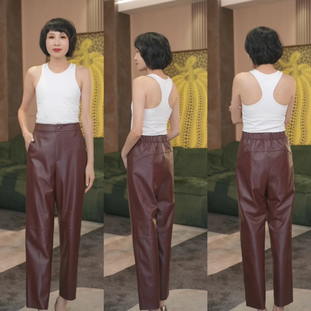 LAJIAO TOTO【纽扣皮裤】宽松春秋冬显瘦百搭松紧腰女皮裤#68137