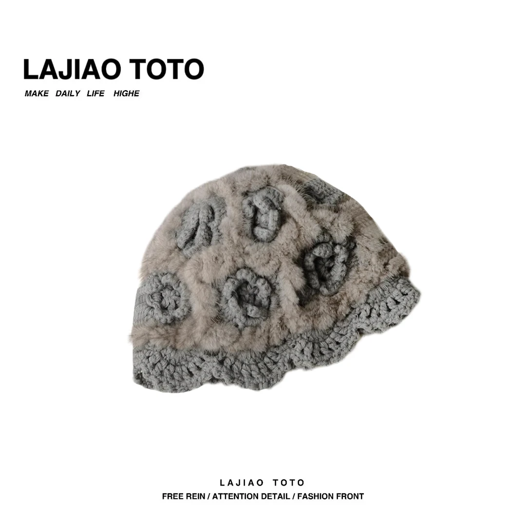 LAJIAO TOTO【花朵貂帽】冬季保暖针织毛绒水貂毛女士帽#LJ0113