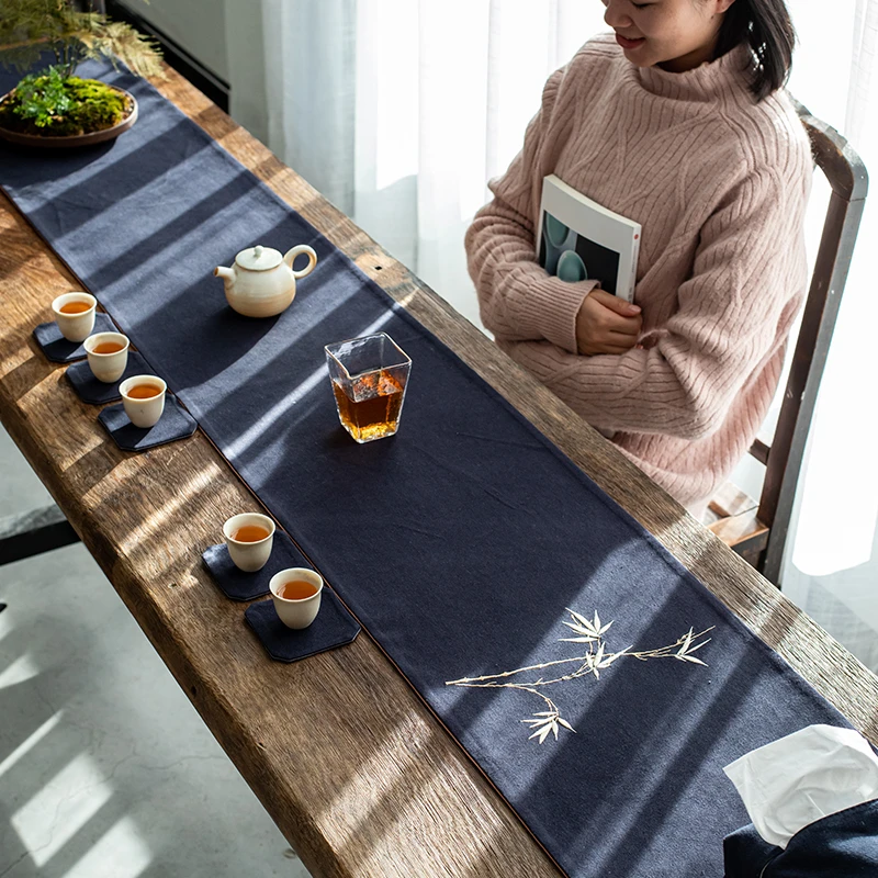 刺绣茶席中式禅意双层加厚桌旗棉麻隔热布垫干泡席茶桌布艺茶几垫