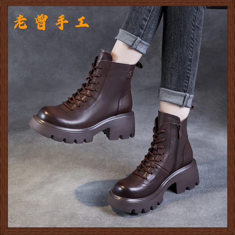【老曾手工】2024秋冬新款英伦风厚底短靴头层牛皮粗跟高跟马丁靴女
