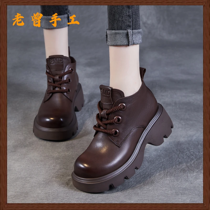 【老曾手工】2025秋冬新款头层牛皮粗跟高跟短靴厚底复古圆头马丁靴