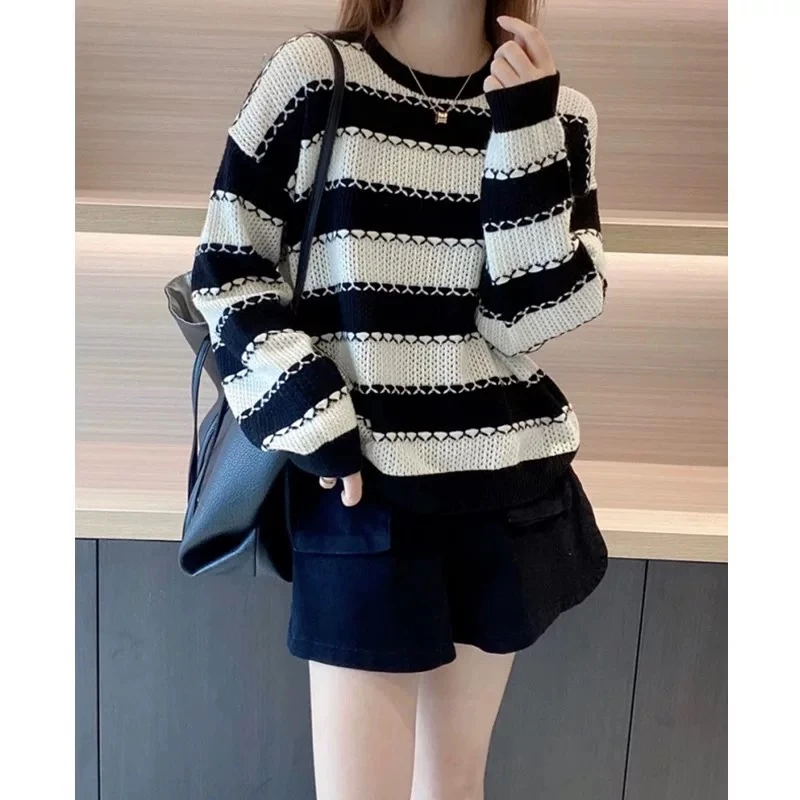 Z9801欧货设计感撞色条纹镂空针织衫