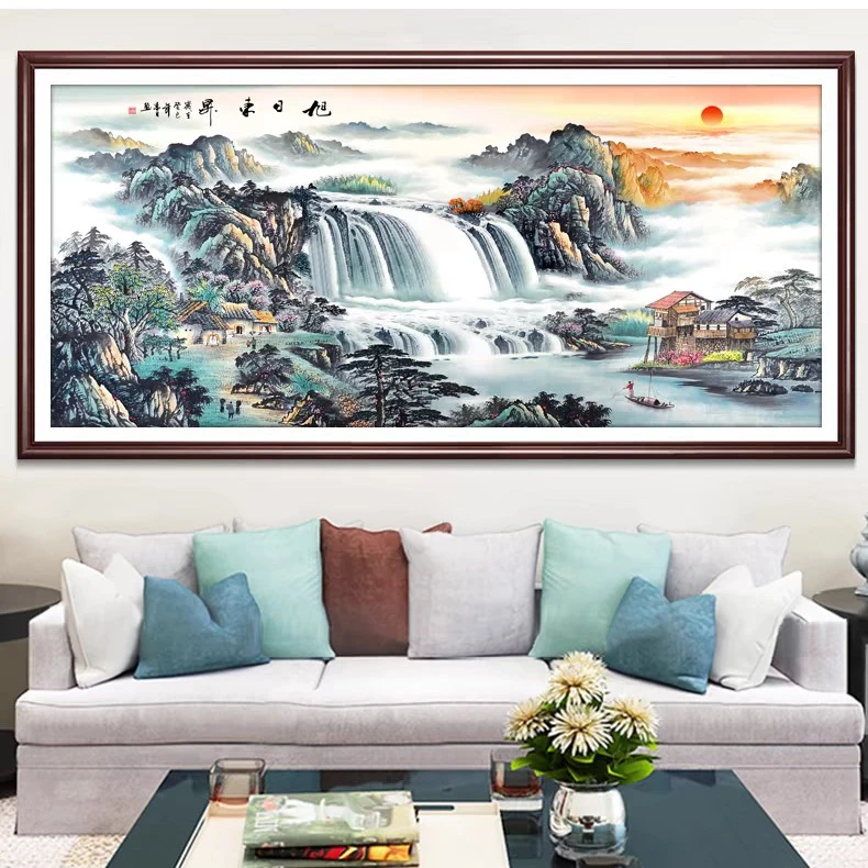 1.9纯手工绣好的十字绣大气成品0923旭日东升客厅装饰挂画刺绣