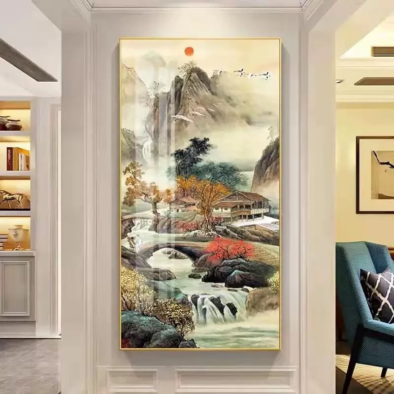 纯手工绣好的十字绣成品2113竖版山野人家大格