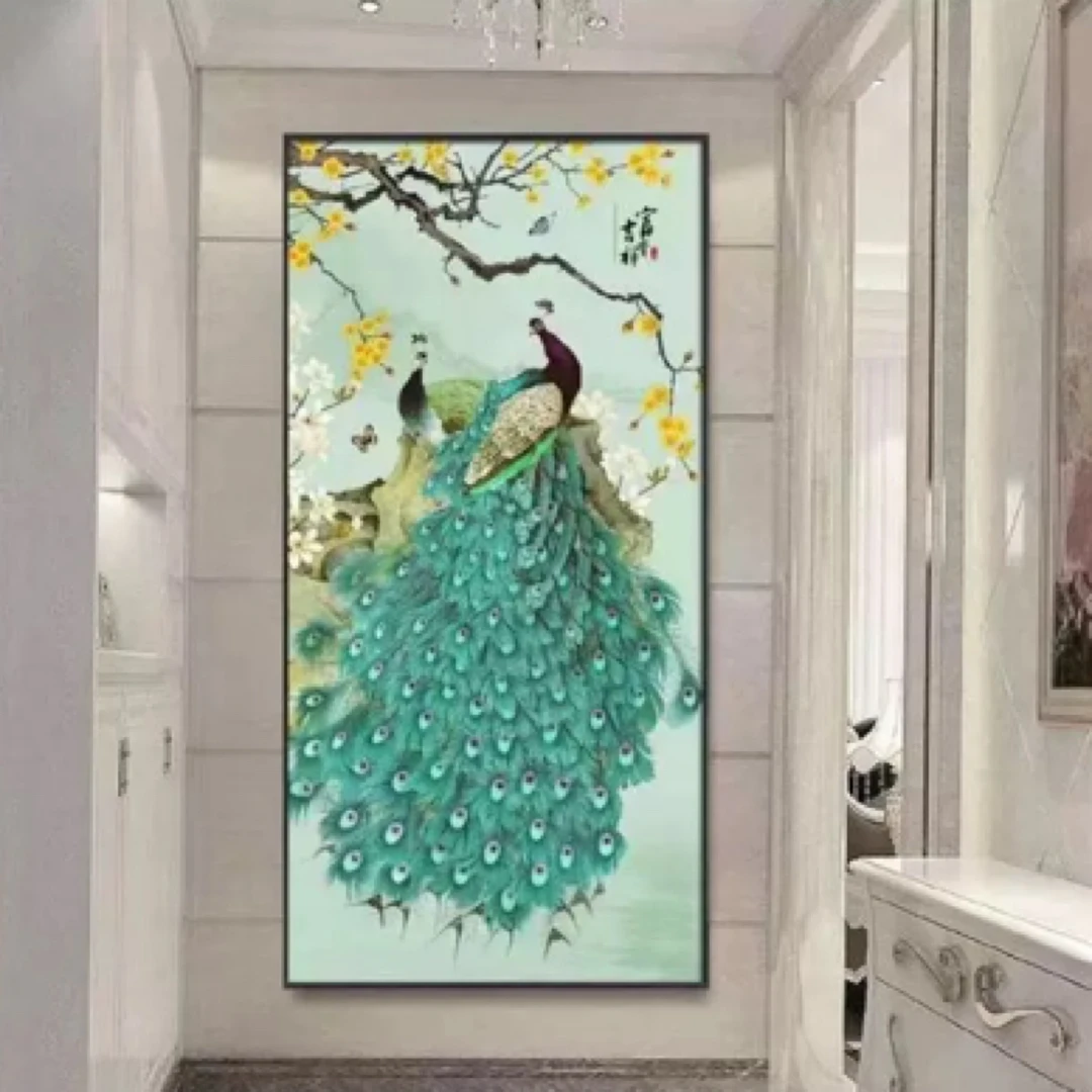 1.06大纯手工十字绣成品144绿孔雀竖版客厅玄关挂画