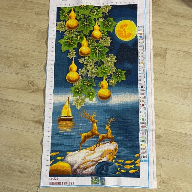 纯手工绣好十字绣成品225竖版五福麋鹿客厅挂画