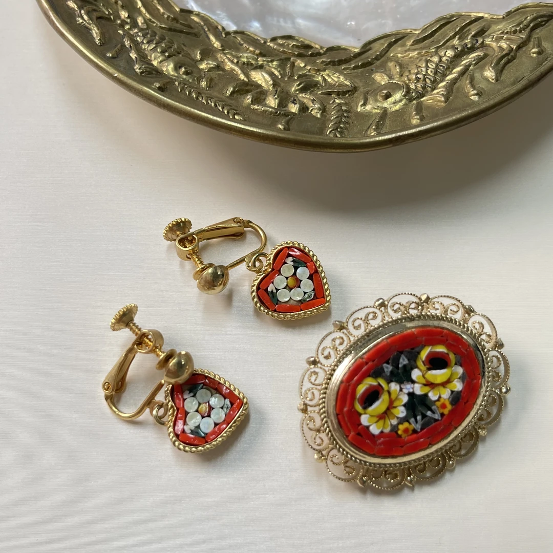 铜合金胸针 【六六中古】孤品复古胸针耳夹套装km6732