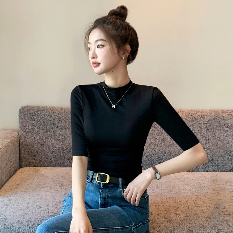 莫代尔黑色半高领中袖t恤女秋紧身内搭中领面膜打底衫七分袖上衣