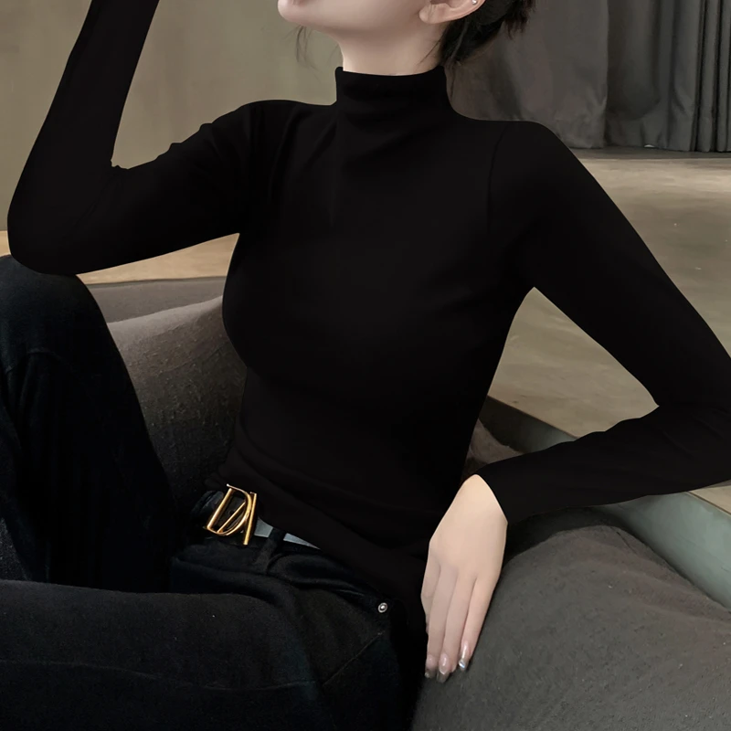 黑色半高领打底衫女内搭2023春秋新款长袖t恤洋气莫代尔修身上衣