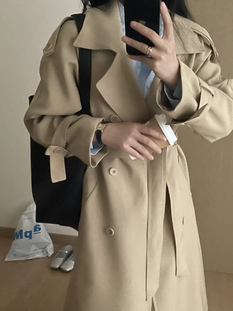 韩系极简秋冬新品中长款风衣显瘦气质款