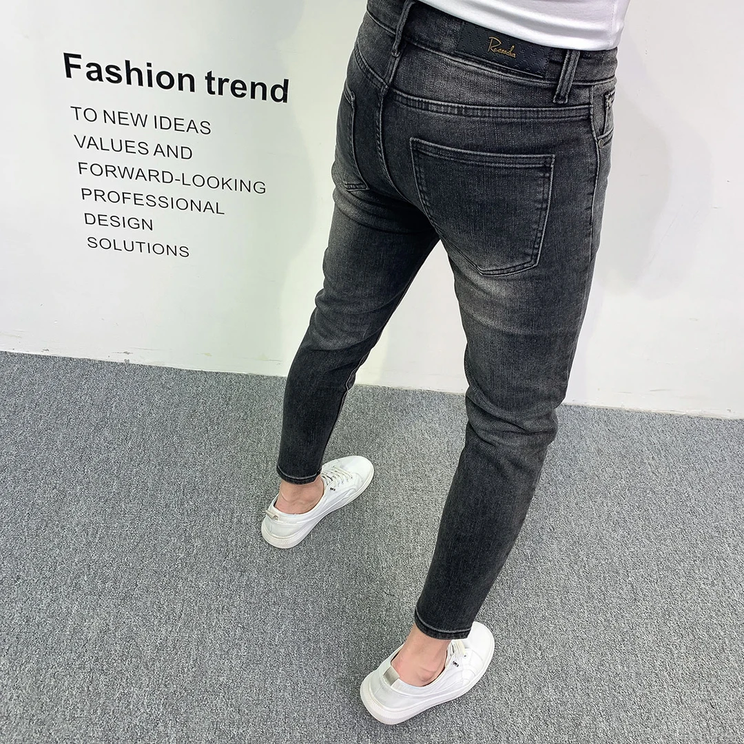 潮流黑色九分牛仔裤男2025新款水洗休闲百搭韩版春季弹力修身小脚