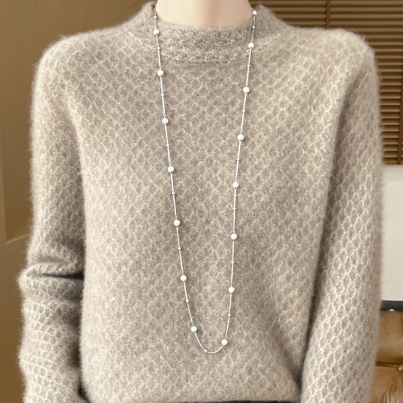 100%澳洲纯羊毛衫女半高领毛衣加厚蜂窝针菱形提花针织打底衫