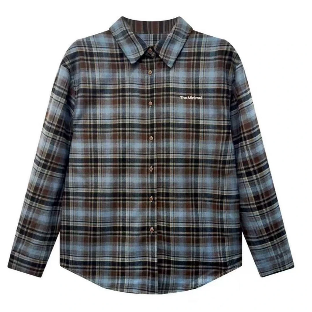 韩系潮流原创设计师款时尚百搭宽松翻领经典长袖磨毛格子衬衫