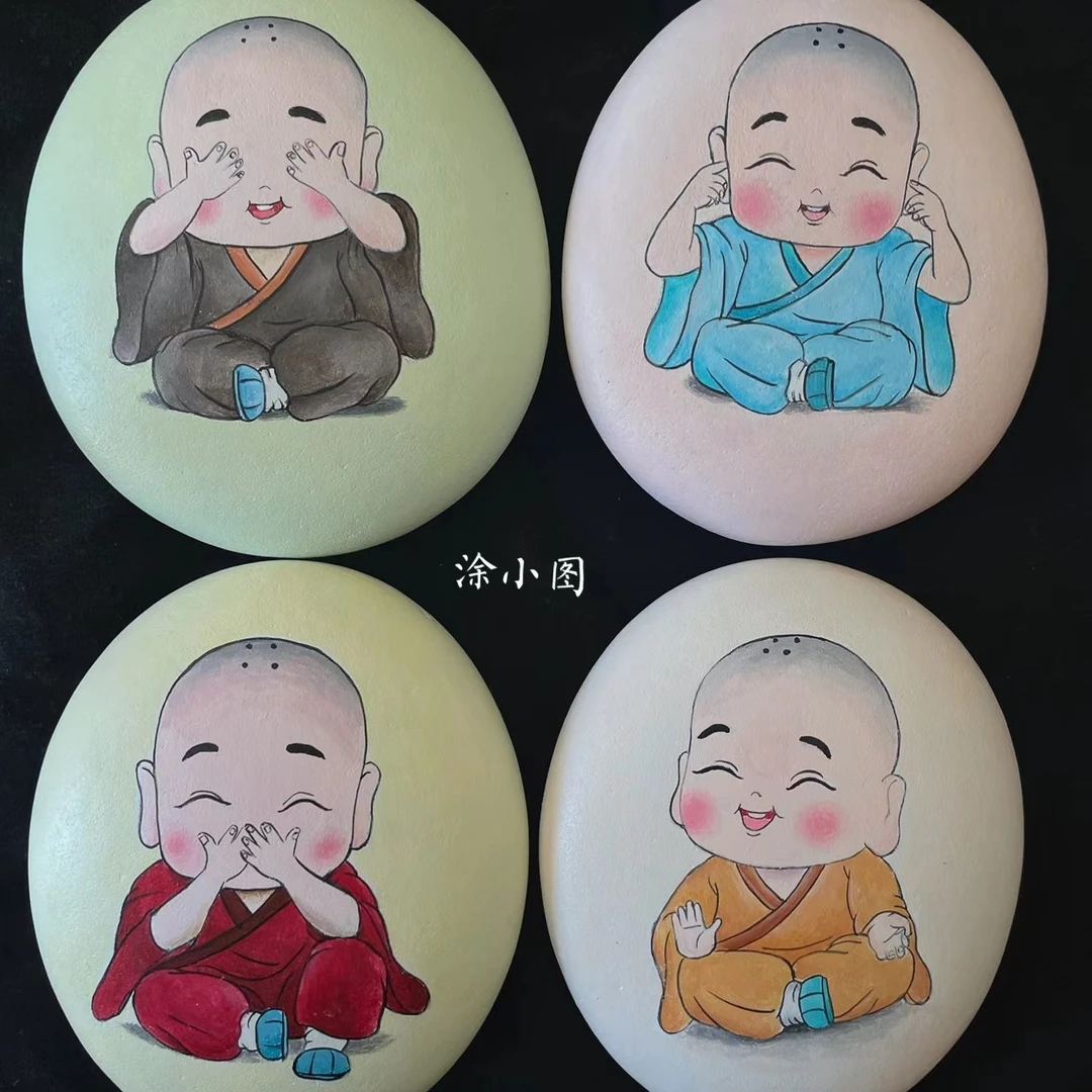 涂小图石头画可爱摆件小和尚带支架