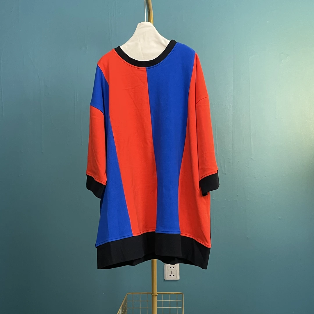 934【潮妈家】大码宽松设计师款时尚拼色圆领休闲针织九分袖针织衫