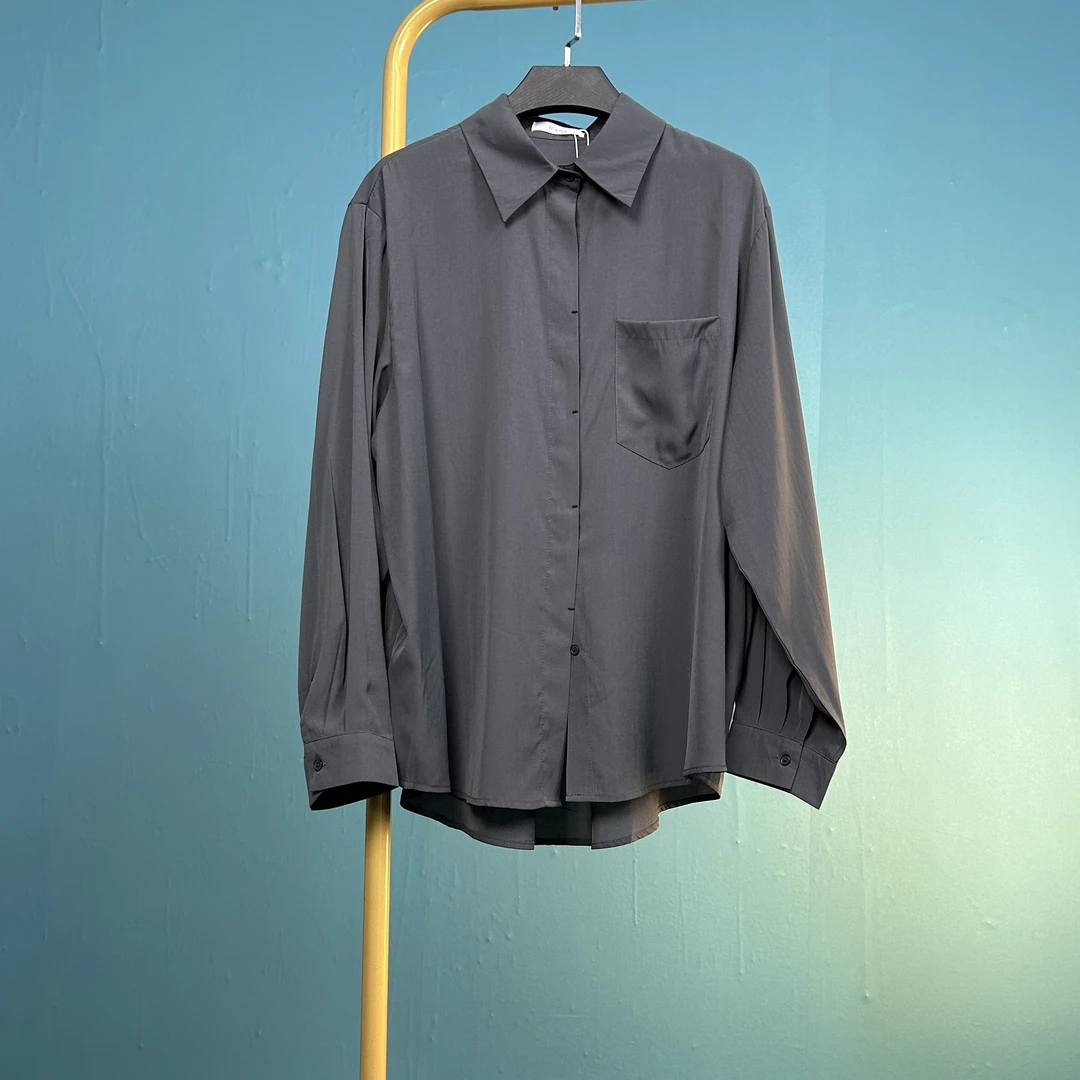 6111潮妈家大码宽松休闲纯色春秋款简约百搭长袖时尚女士衬衫