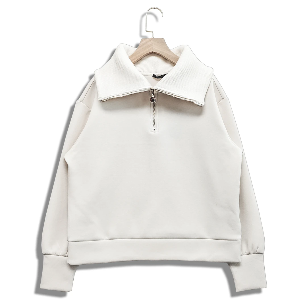 1056#1056#白色翻领半拉链女休闲宽松秋季上衣长袖时尚百搭女士