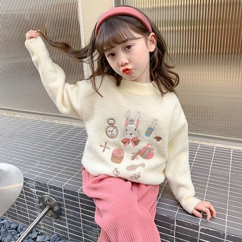 DT秋冬款小兔儿童仿貂绒毛衣女童卡通圆领针织衫中大童保暖上衣