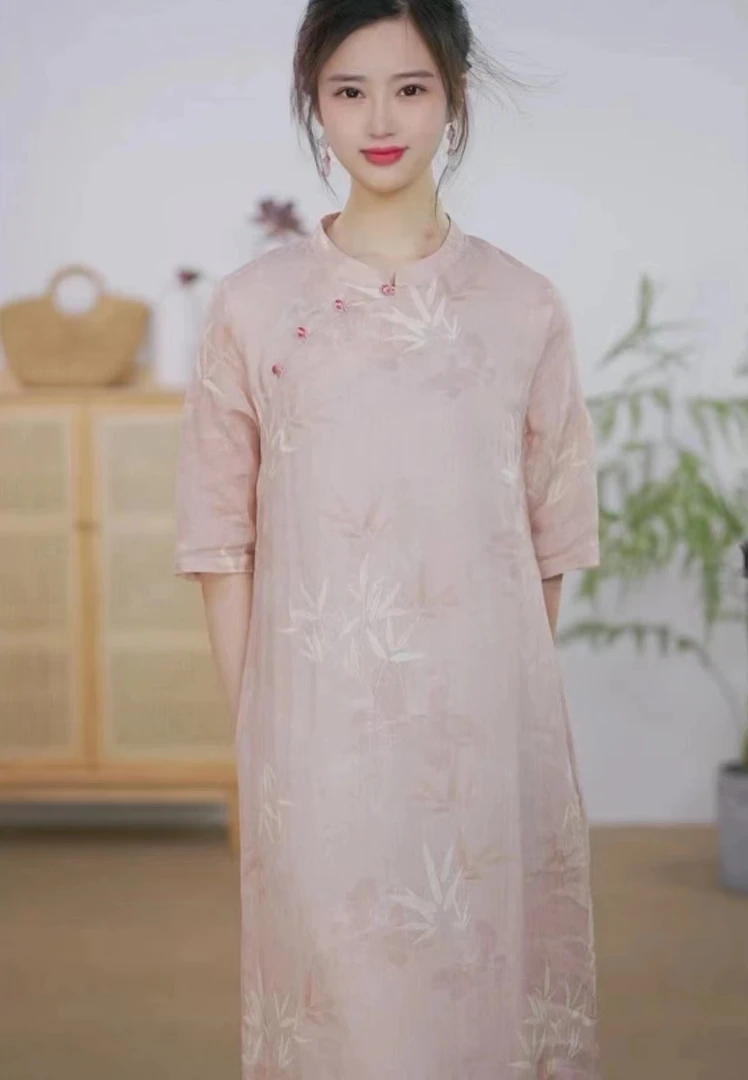 2024春夏季新款新中式高端定制女装苎麻印花文艺复古旗袍连衣裙