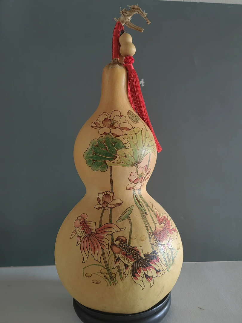 天然大葫芦纯手工烙画工艺品莲年有鱼
