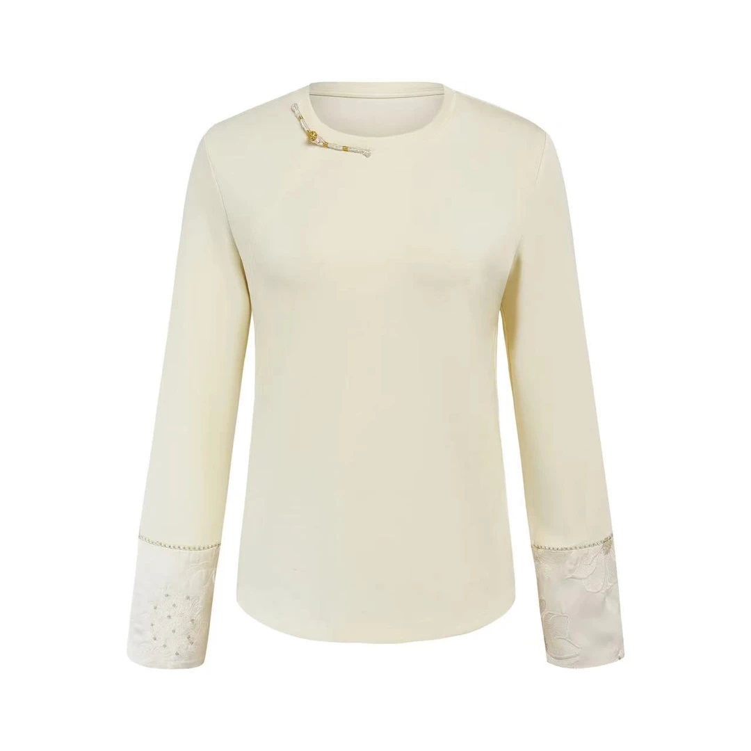 OMZO新款非遗文化传承新中式圆领醋酸拼接袖口长袖上衣打底