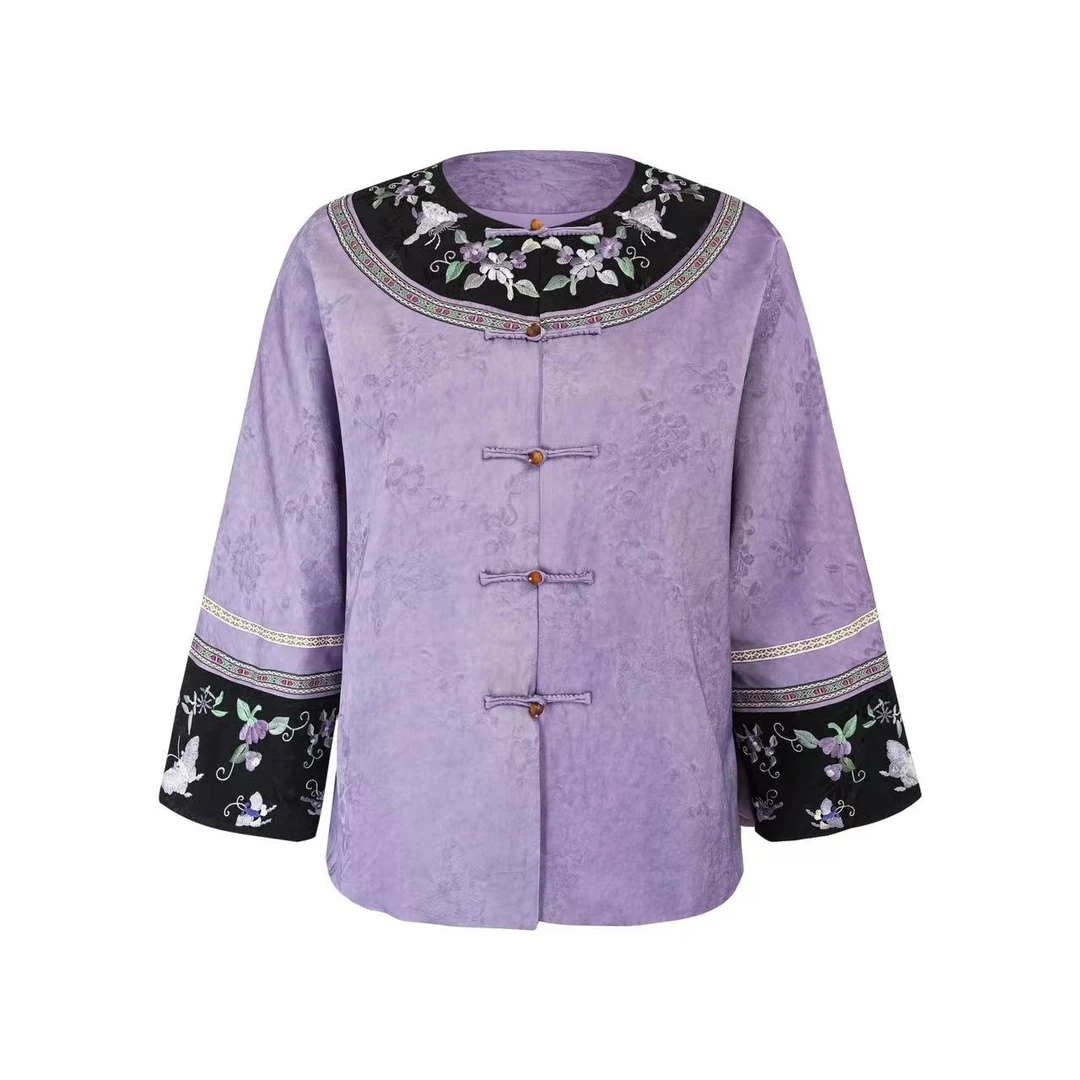 OMZO花绽桃缘蝶恋花古法手工刺绣拼接圆领开衫外套