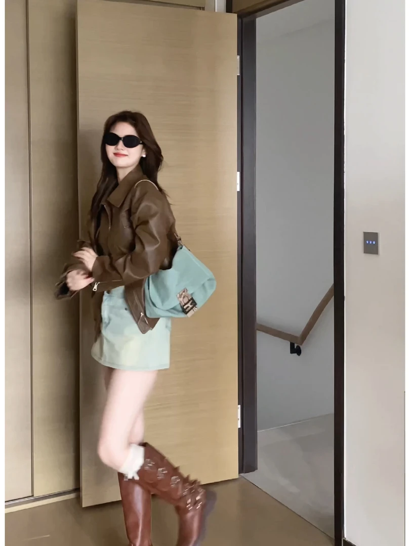 【肉肉】咖色美拉德复古皮衣外套女2024年秋季新款宽松短款小众上衣