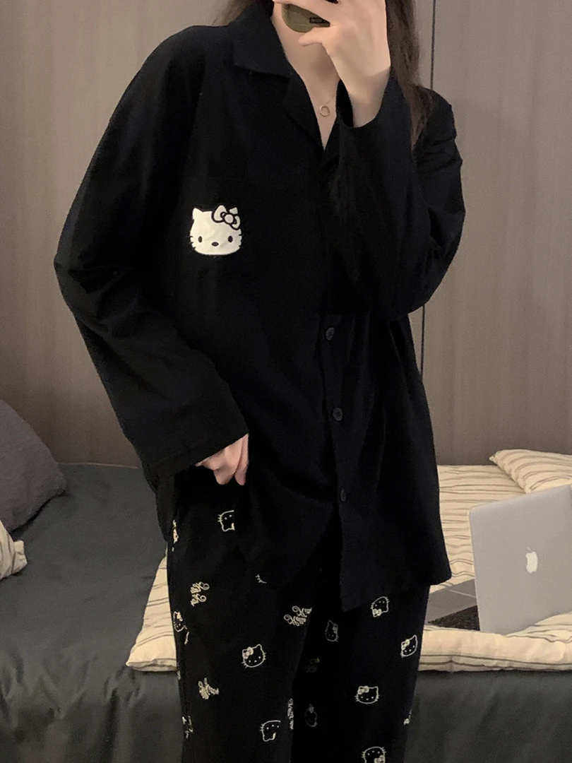 大码德绒冬季睡衣女黑色hellokitty卡通长袖日系少女家居服套装