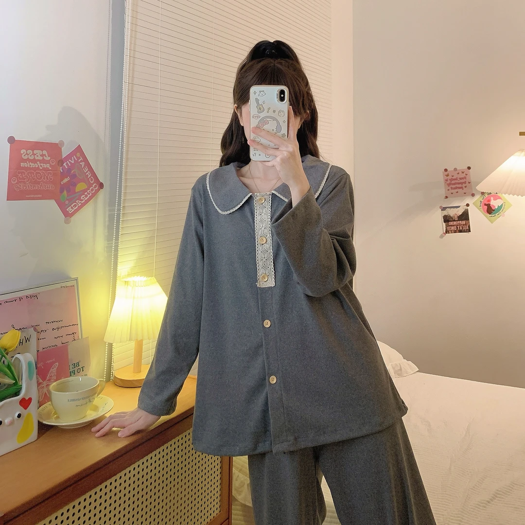 大码睡衣女120-260斤秋冬甜美可爱蕾丝边双面德绒家居服套装外穿