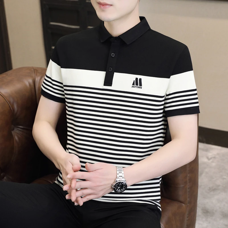 高档男士短袖POLO衫夏季新款时尚百搭条纹绣花条纹翻领t恤打底衫