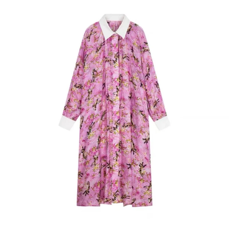 【幸儿】夏季新品法式复古系带粉色碎花长衬衫宽松长袖防晒连衣裙女