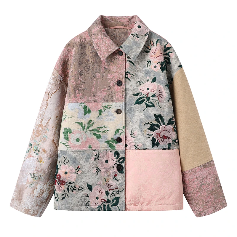 【花仙】冬季新品新中式复古撞色提花保暖棉服国风外套上衣女X056