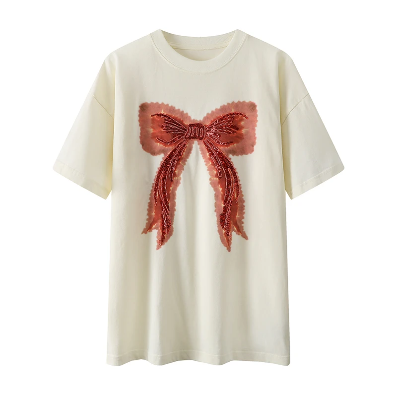 【蝴蝶结】复古短袖T恤女新款钉珠蝴蝶结圆领打底衫设计感上衣X084
