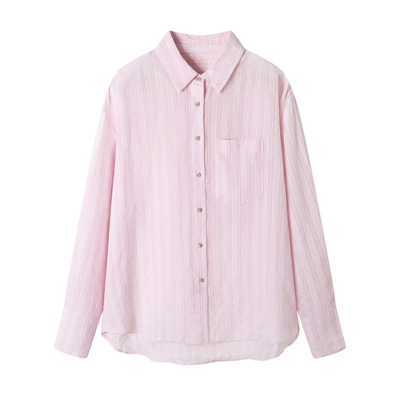 【洛玖】秋季新品翻领单排扣条纹口袋休闲宽松粉色长袖衬衫上衣女
