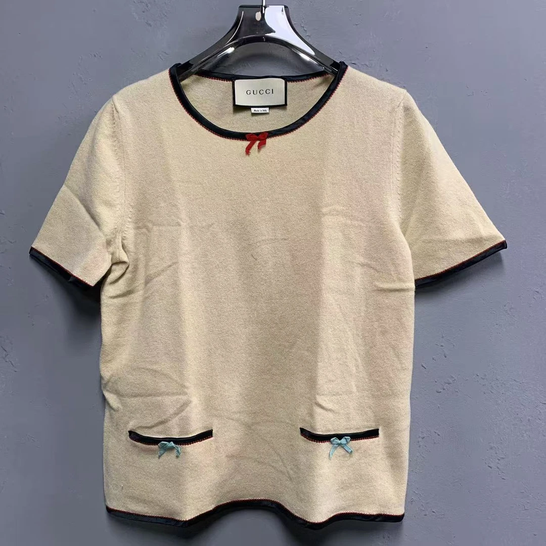 95新 GUCCI/古驰 米色山羊绒短袖 M码 公价7950