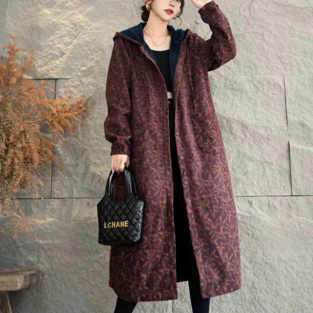 6897新款秋冬加厚休闲百搭优雅减龄连帽风衣外套QZ