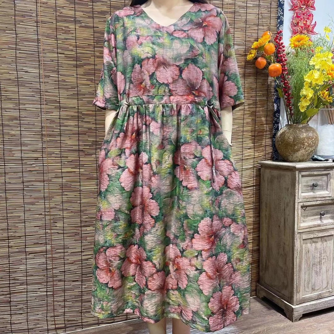 9295莫奈花园夏季新款时尚显瘦洋气减龄短袖连衣裙