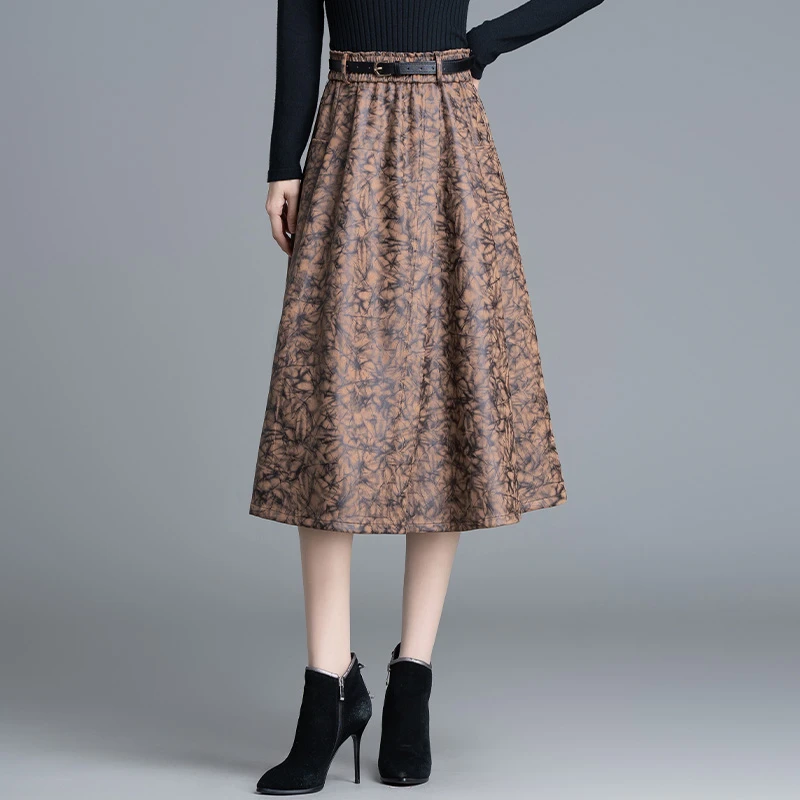 秋季时尚中长款皮半身裙90833A字裙子半裙高腰大摆秋冬春秋