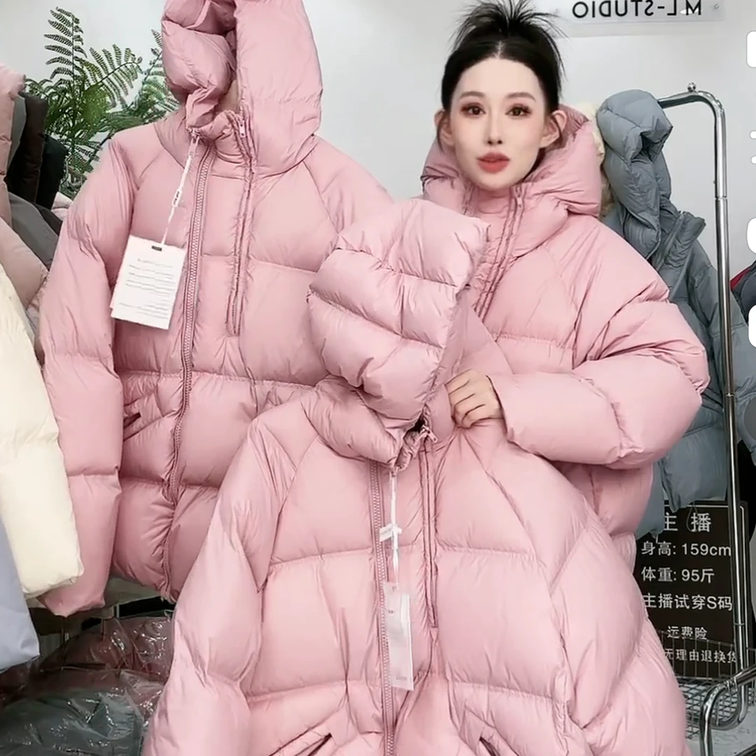 韩版双拉链连帽羽绒服女中长款2024年冬新款加厚百搭白鸭绒外套