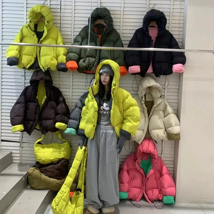 【欧蒂】连帽撞色拼接羽绒服女短款韩版加厚设计感面包服休闲外套