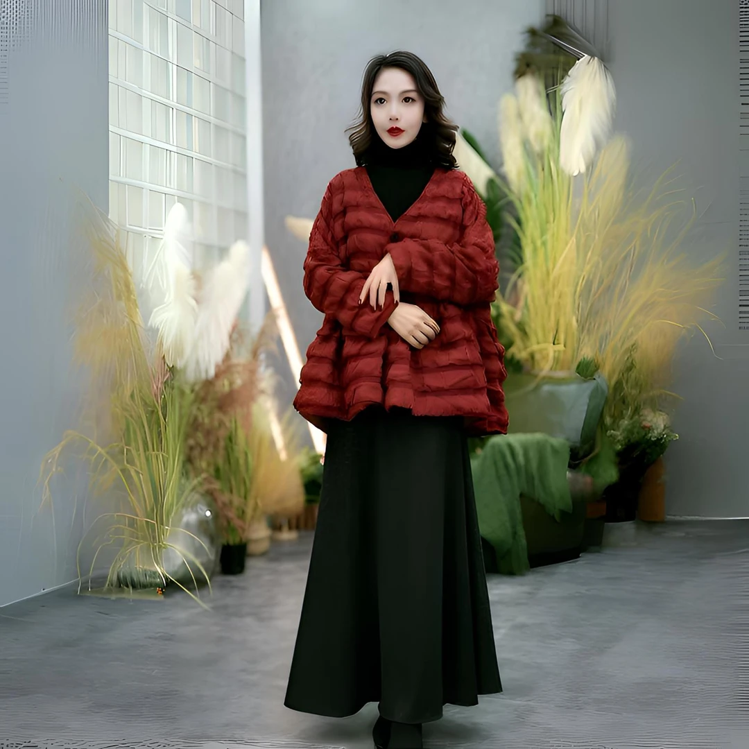 时尚洋气设计感棉袄秋冬外套女宽松V领泡泡棉显瘦褶皱休闲棉服