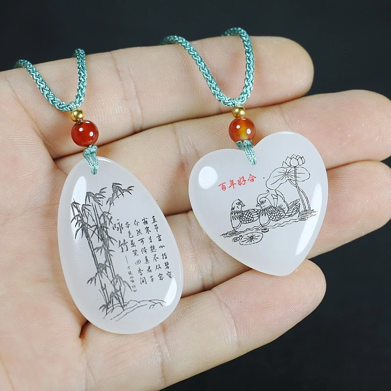 天然玉石新疆白色金丝玉百年好合心型吊坠咏竹浮雕水滴男女款挂件