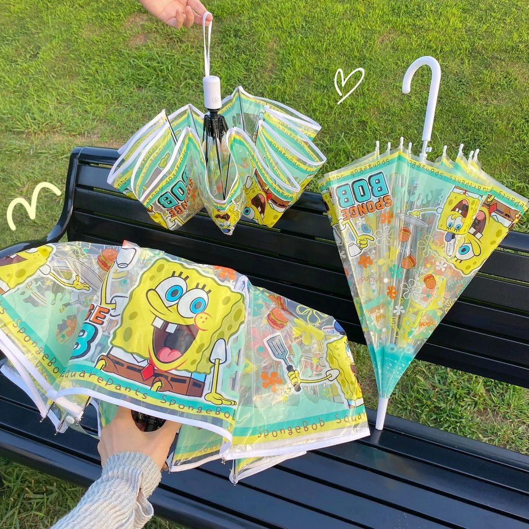 海绵宝宝透明雨伞三折伞小学生网红直柄伞可爱折叠儿童成人加厚女