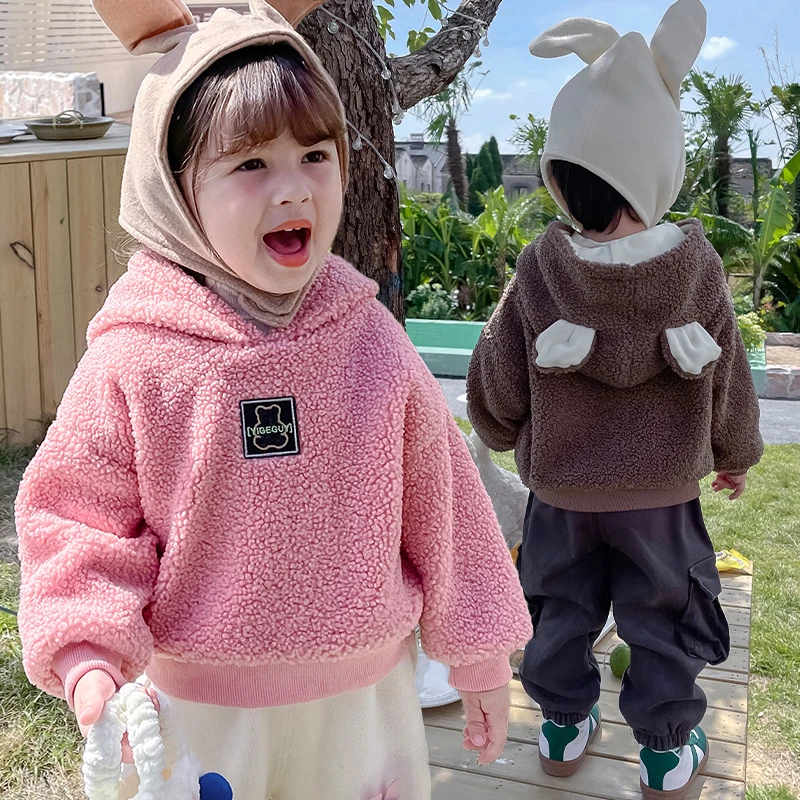 儿童外套卫衣上衣女童洋气宝宝连帽小童女宝保暖颗粒羊羔绒加绒