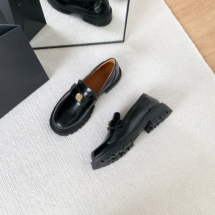 百搭复古新款真皮厚底乐福鞋女圆头一脚蹬粗跟小皮鞋英伦风女鞋