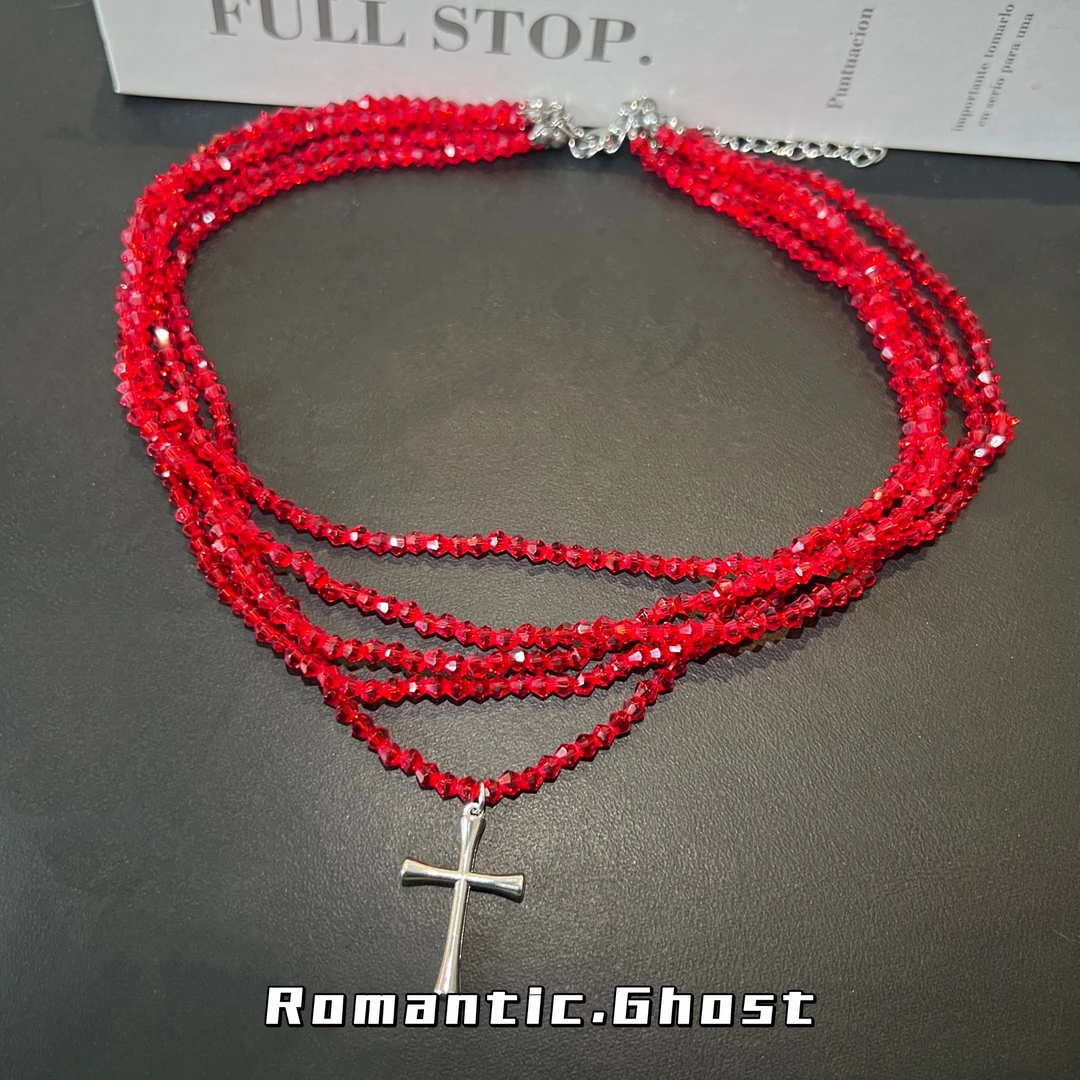 铜合金仿水晶项链 红色十字架多层叠戴气质时尚百搭复古轻奢项链